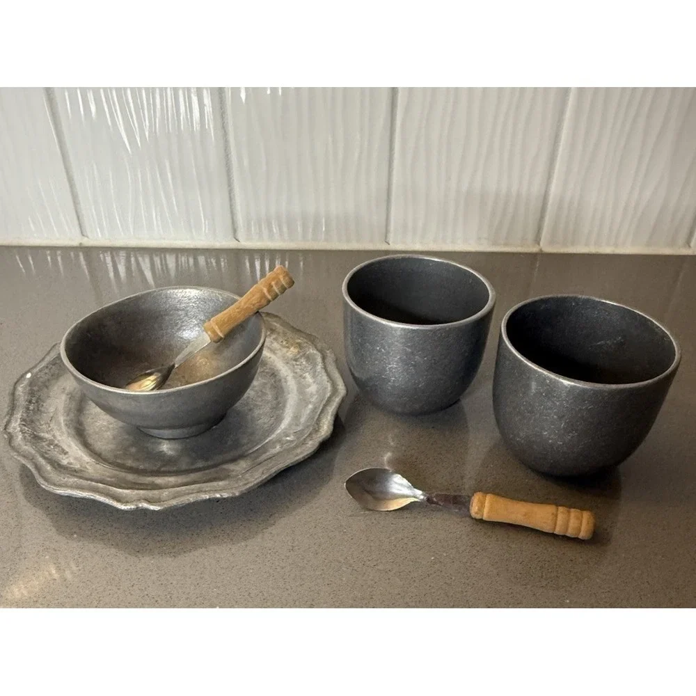 VTG Set Of 6 Cast Aluminum Pewter Look Adcraft Plate, Bowl, 2 Cups, 2 Spoons